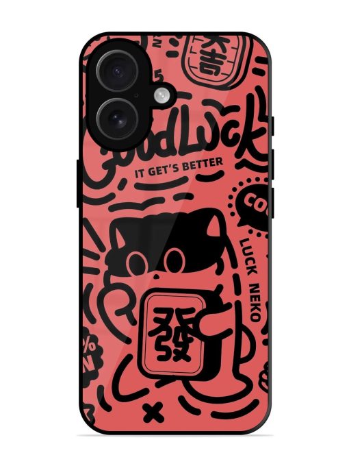 Lucky Cat Doodle Glossy Soft Edge Case for Apple Iphone 16 Plus Chachhi