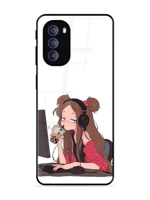 Girl Playing On Pc Glossy Soft Edge Case for Motorola Moto G51 (5G)