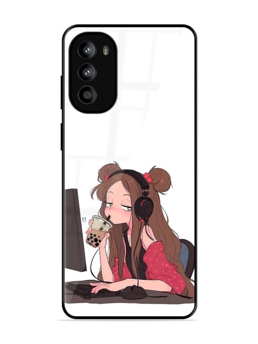 Girl Playing On Pc Glossy Soft Edge Case for Motorola Moto G52 Chachhi