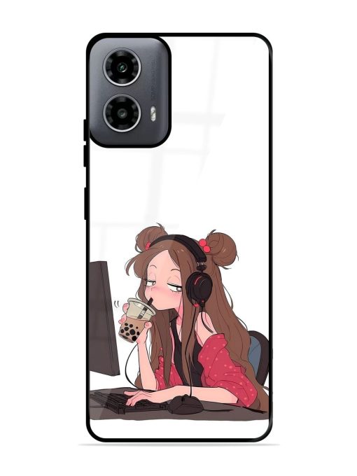 Girl Playing On Pc Glossy Soft Edge Case for Motorola Moto G54 (5G) Chachhi