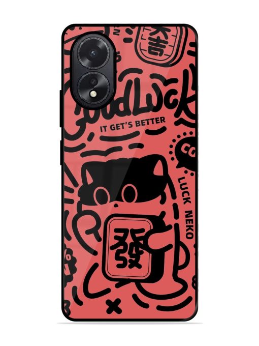 Lucky Cat Doodle Glossy Soft Edge Case for Oppo A38 Chachhi