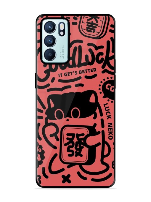 Lucky Cat Doodle Glossy Soft Edge Case for Oppo Reno 6 (5G)