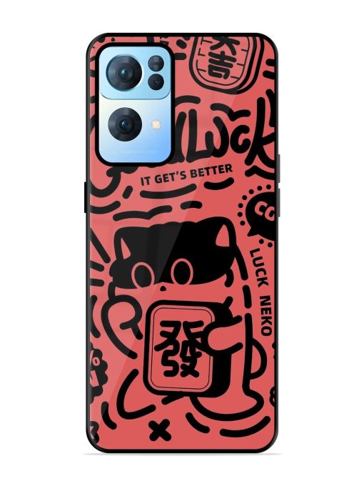 Lucky Cat Doodle Glossy Soft Edge Case for Oppo Reno 7 Pro (5G) Chachhi