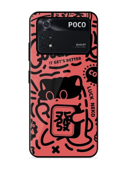 Lucky Cat Doodle Glossy Soft Edge Case for Poco M4 Pro (4G) Chachhi