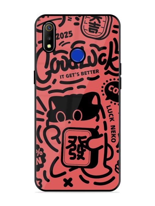 Lucky Cat Doodle Glossy Soft Edge Case for Realme 3 Chachhi