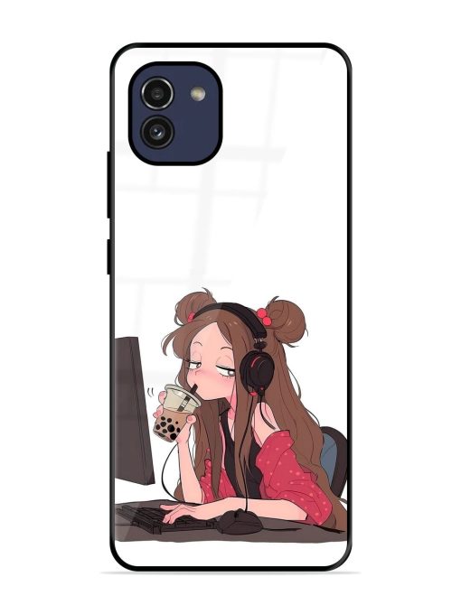 Girl Playing On Pc Glossy Soft Edge Case for Samsung Galaxy A03 Chachhi