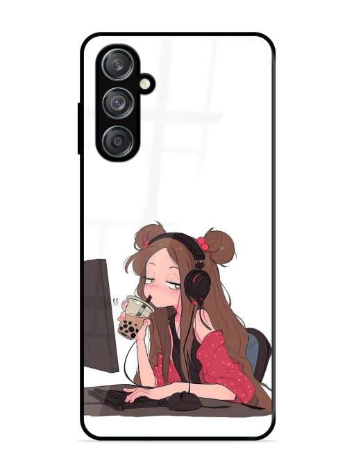 Girl Playing On Pc Glossy Soft Edge Case for Samsung Galaxy F15 (5G) Chachhi