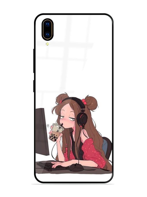 Girl Playing On Pc Glossy Soft Edge Case for Vivo V11 Pro Chachhi