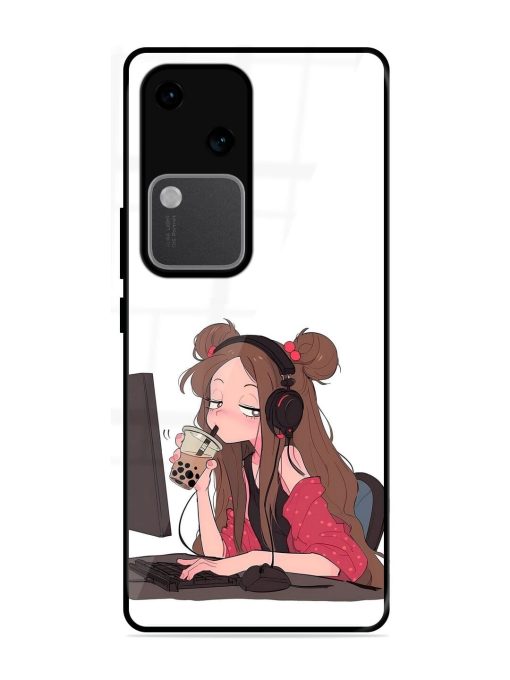 Girl Playing On Pc Glossy Soft Edge Case for Vivo V30 (5G)