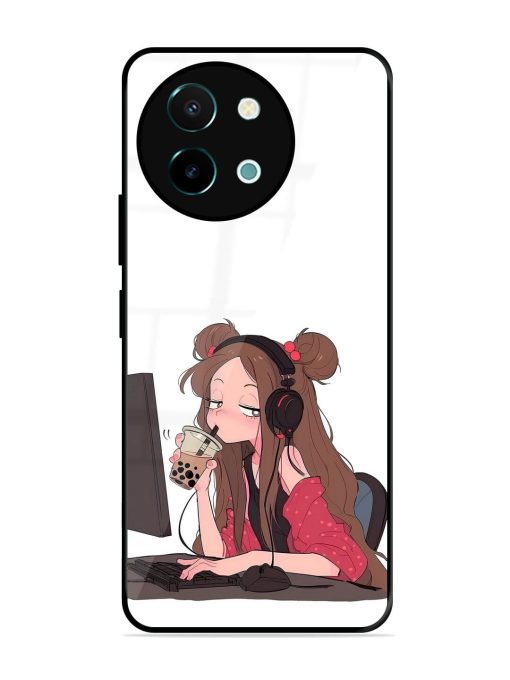 Girl Playing On Pc Glossy Soft Edge Case for Vivo Y38 (5G) Chachhi