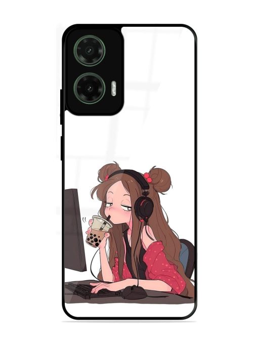 Girl Playing On Pc Glossy Soft Edge Case for Motorola Moto G35 (5G)